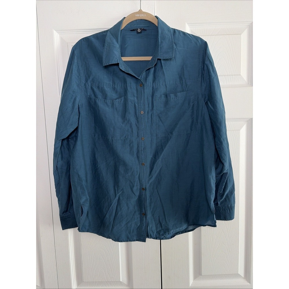 Lucky Brand Silk Blend Button Down Shirt Womens Size XL Blue Utility Boho Top